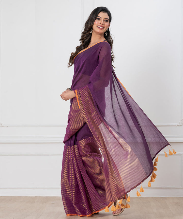 Purple mustard mul cotton handloom saree with tassels