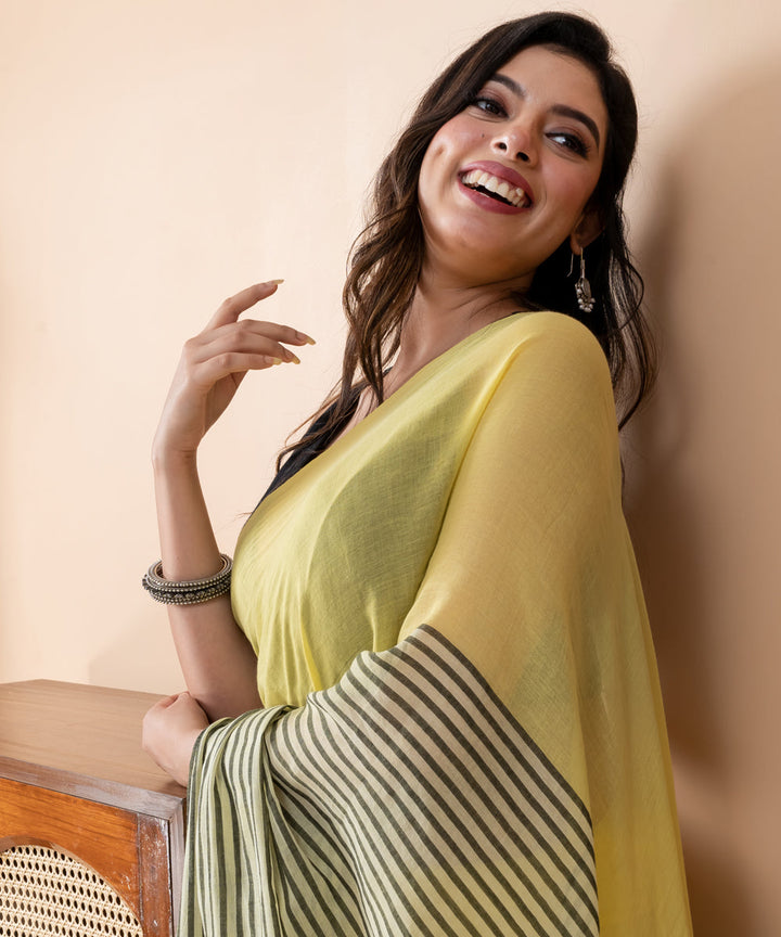 Black light yellow mul cotton handloom saree with tassels
