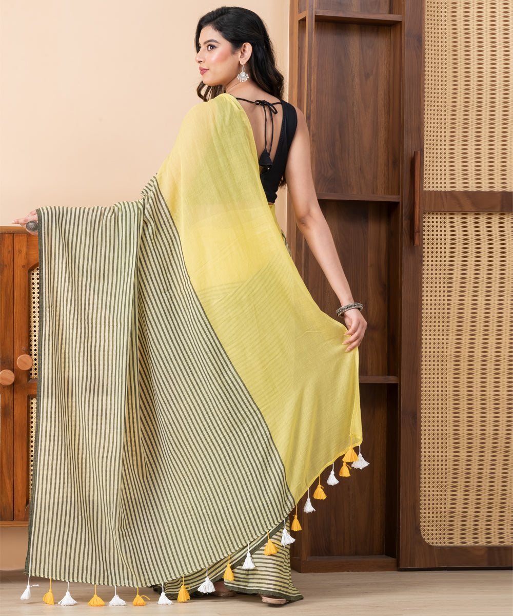 Black light yellow mul cotton handloom saree with tassels