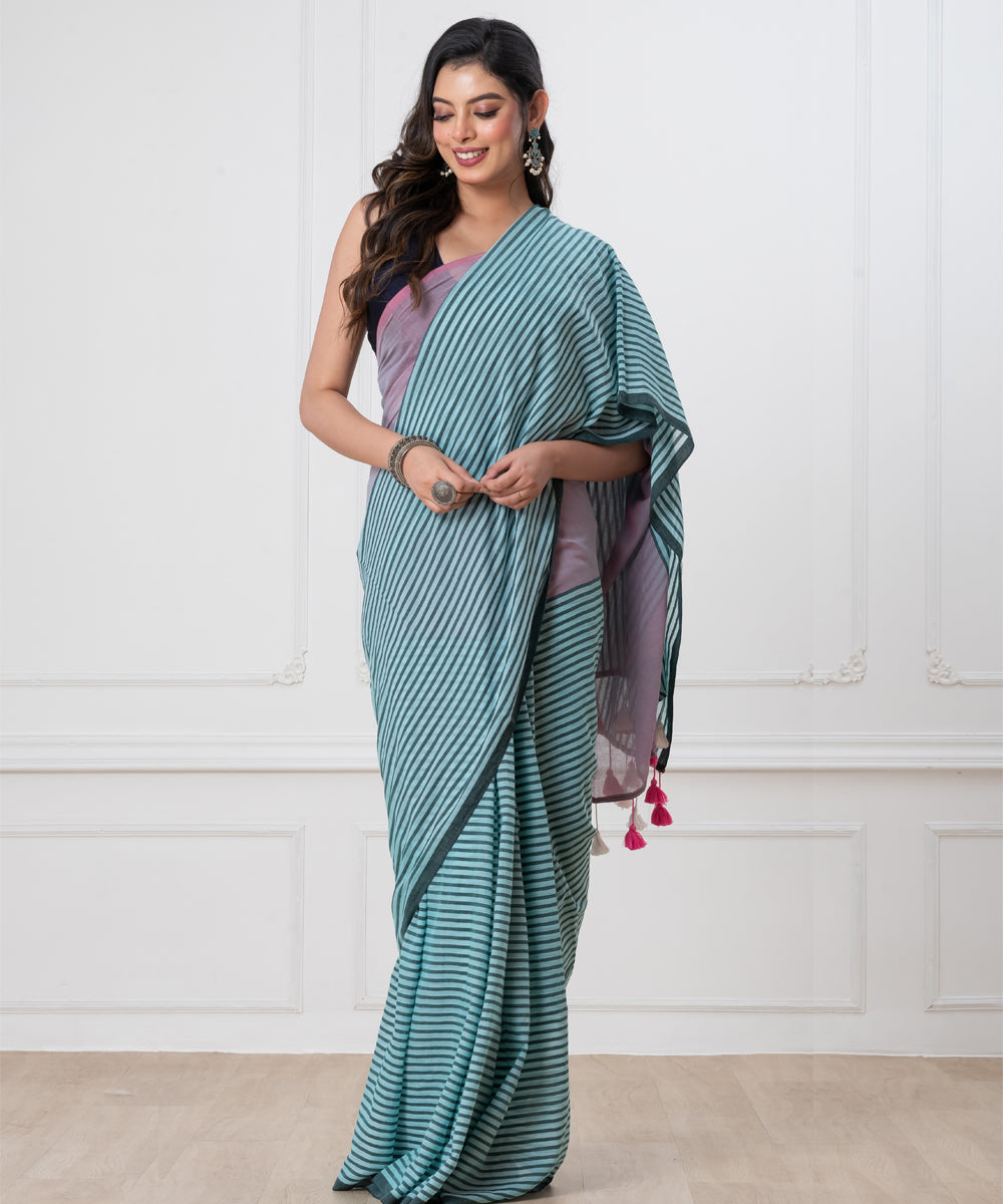 Sky blue light blue mul cotton handloom saree with tassels