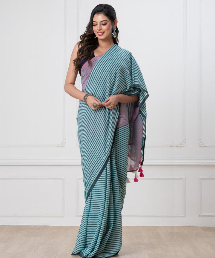 Sky blue light blue mul cotton handloom saree with tassels