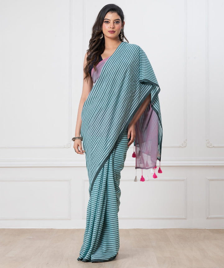 Sky blue light blue mul cotton handloom saree with tassels