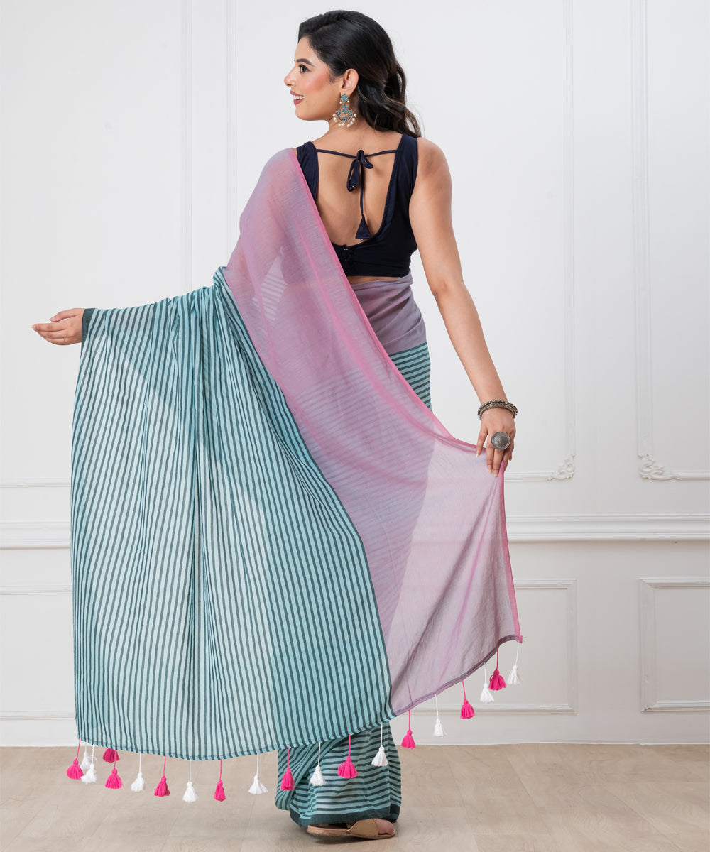 Sky blue light blue mul cotton handloom saree with tassels