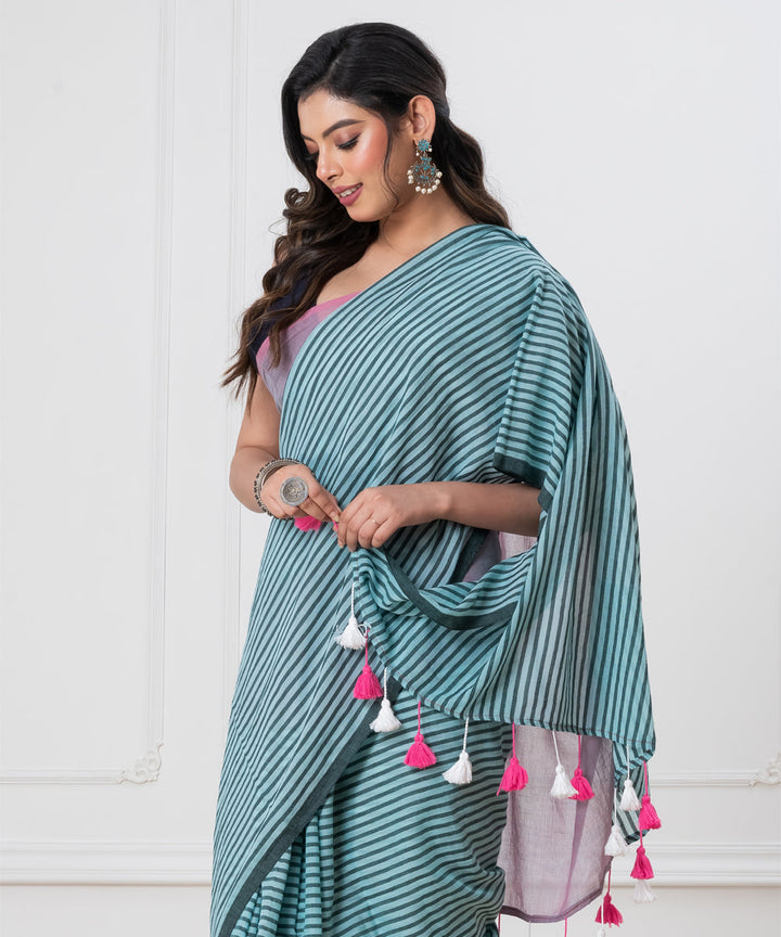 Sky blue light blue mul cotton handloom saree with tassels