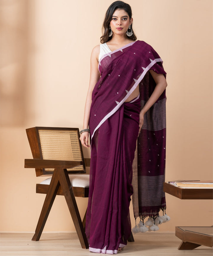 Purple white cotton handloom jamdani saree with tassels