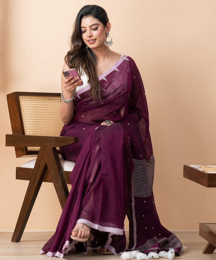 Purple white cotton handloom jamdani saree with tassels
