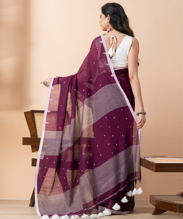 Purple white cotton handloom jamdani saree with tassels
