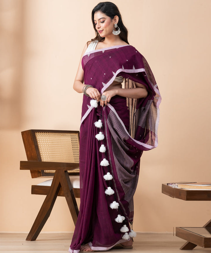 Purple white cotton handloom jamdani saree with tassels