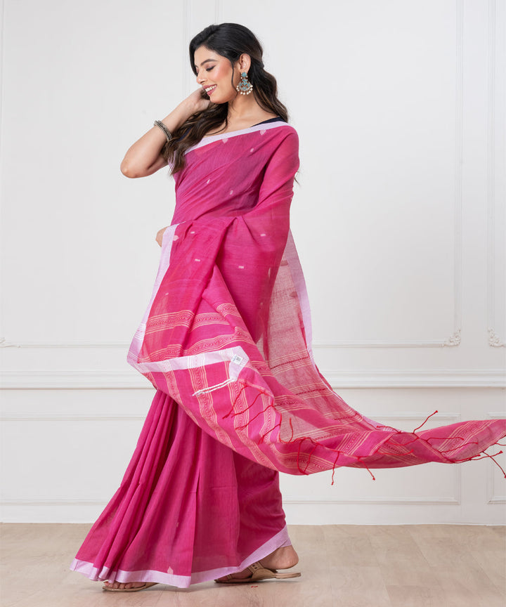 Pink off white mul cotton handloom jamdani saree