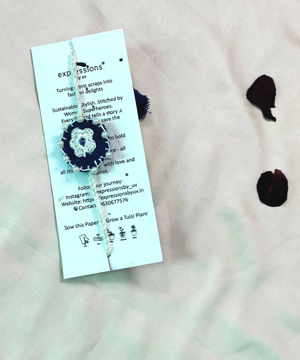 Navy blue white handmade thread work upcycled fabric rakhi