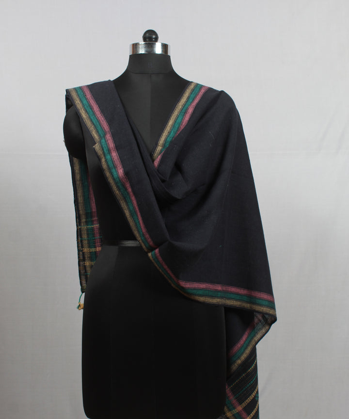 Navy blue striped handloom kala cotton bhujodi stole