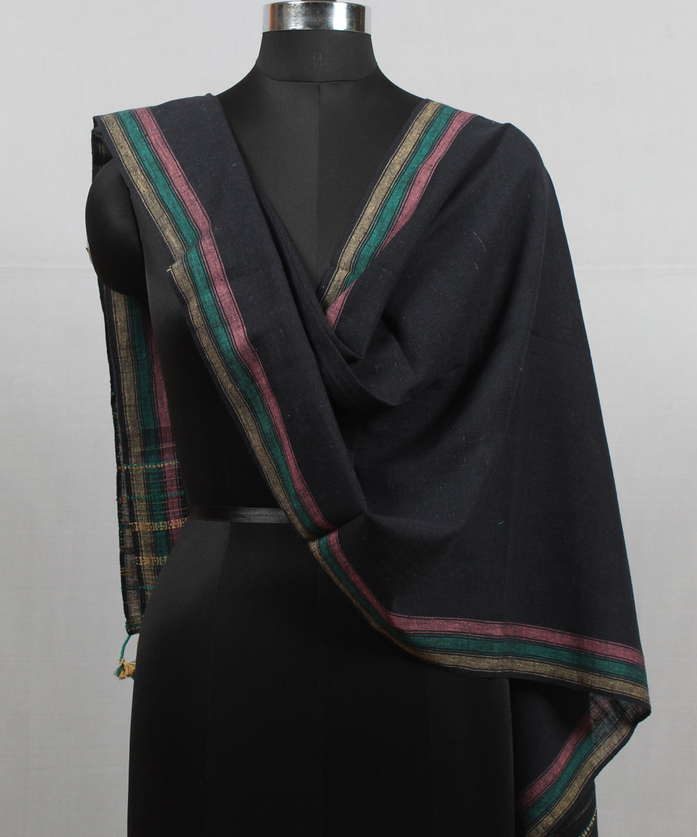Navy blue striped handloom kala cotton bhujodi stole
