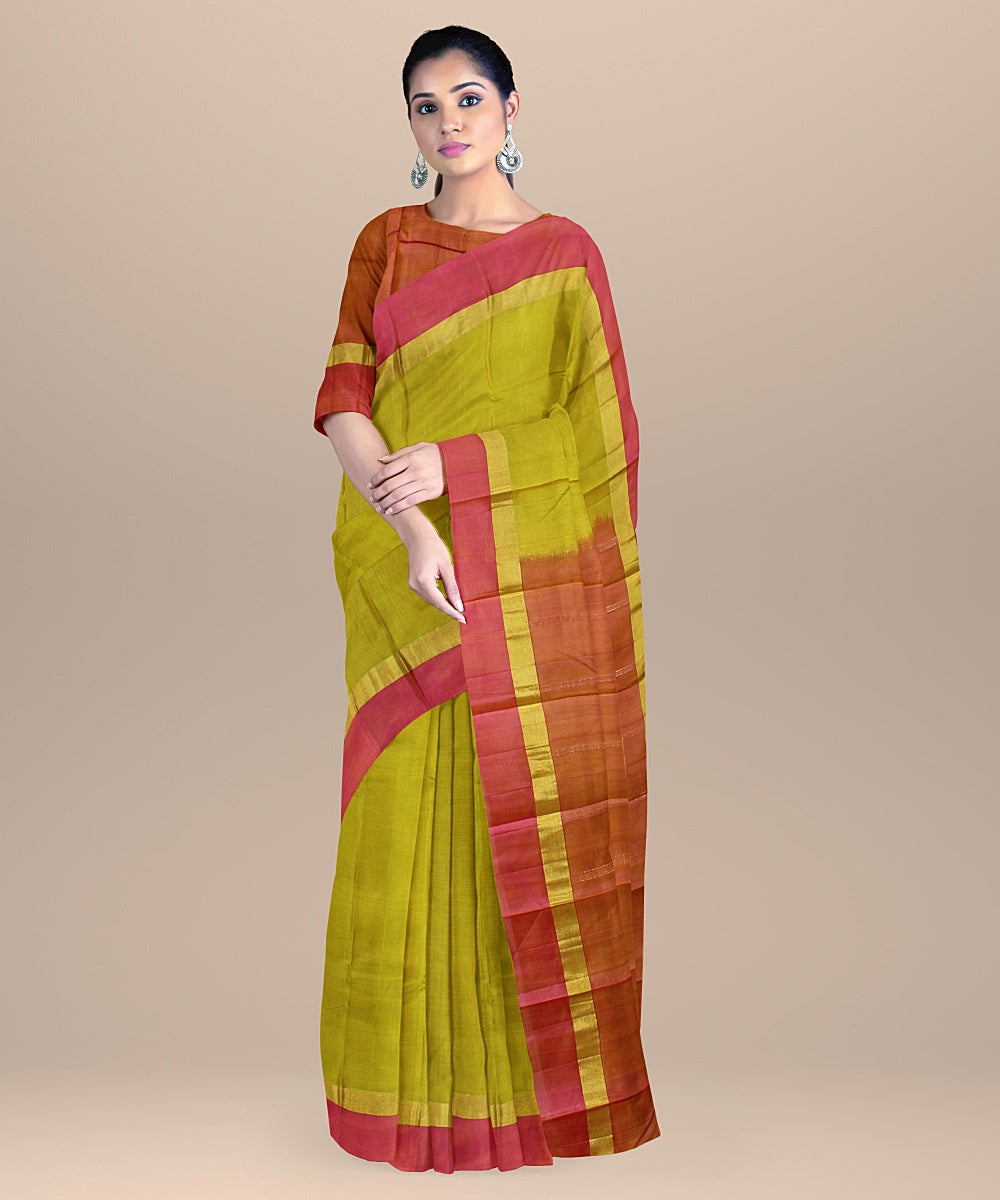 Olive green pink handwoven molkalmuru silk saree