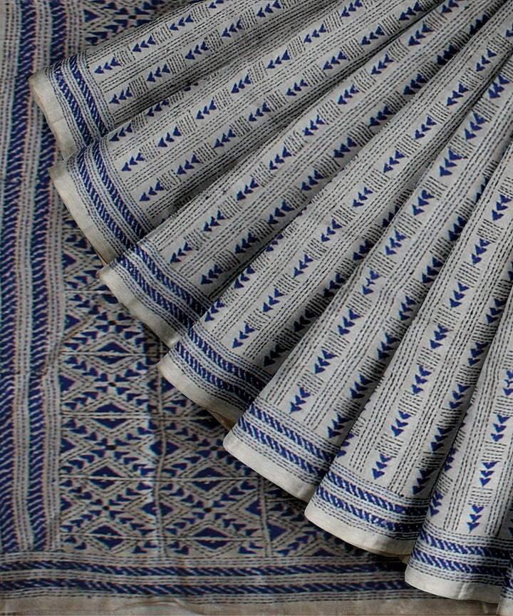 Beige blue hand embroidered kantha stitch tussar silk saree