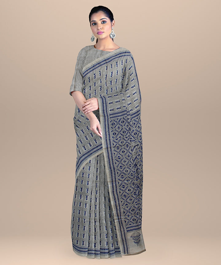 Beige blue hand embroidered kantha stitch tussar silk saree