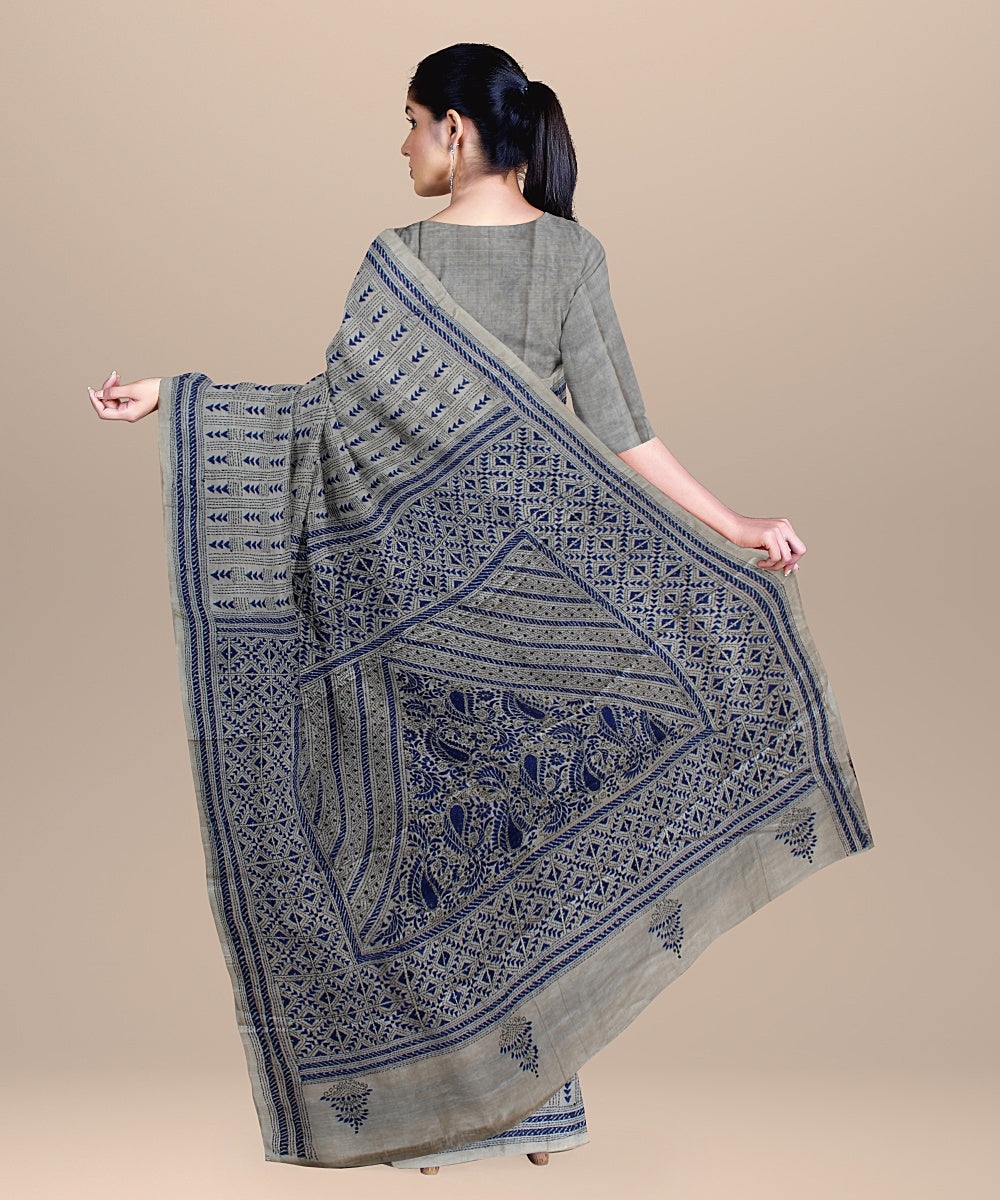 Beige blue hand embroidered kantha stitch tussar silk saree