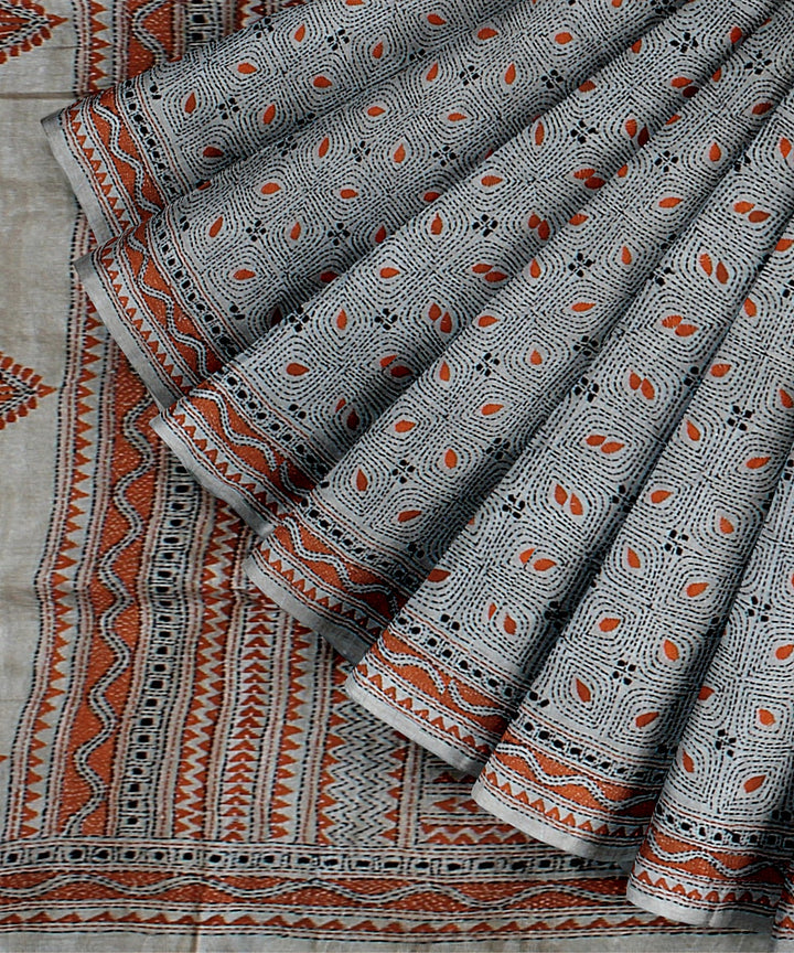 Beige multi hand embroidered kantha stitch tussar silk saree