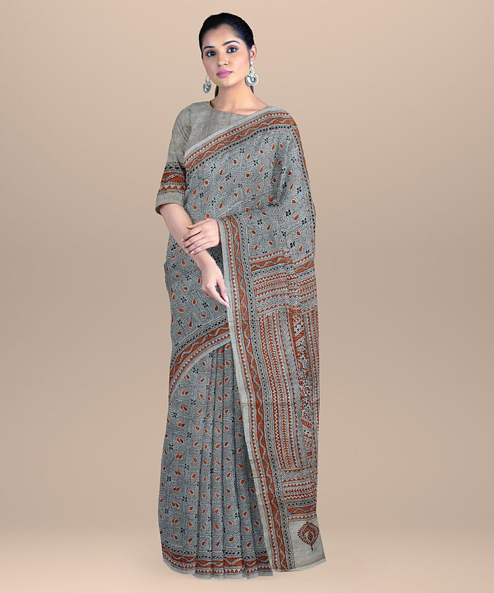 Beige multi hand embroidered kantha stitch tussar silk saree