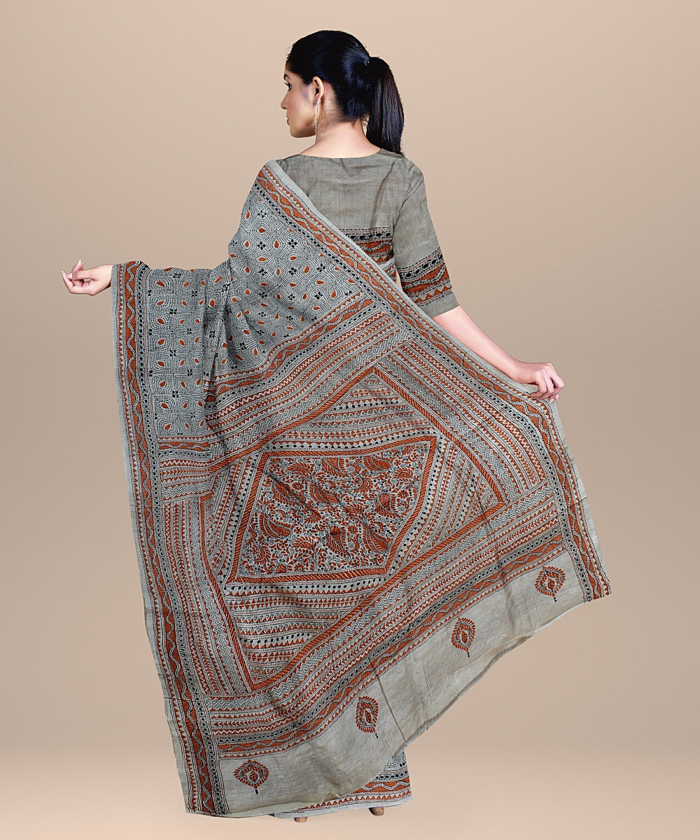 Beige multi hand embroidered kantha stitch tussar silk saree