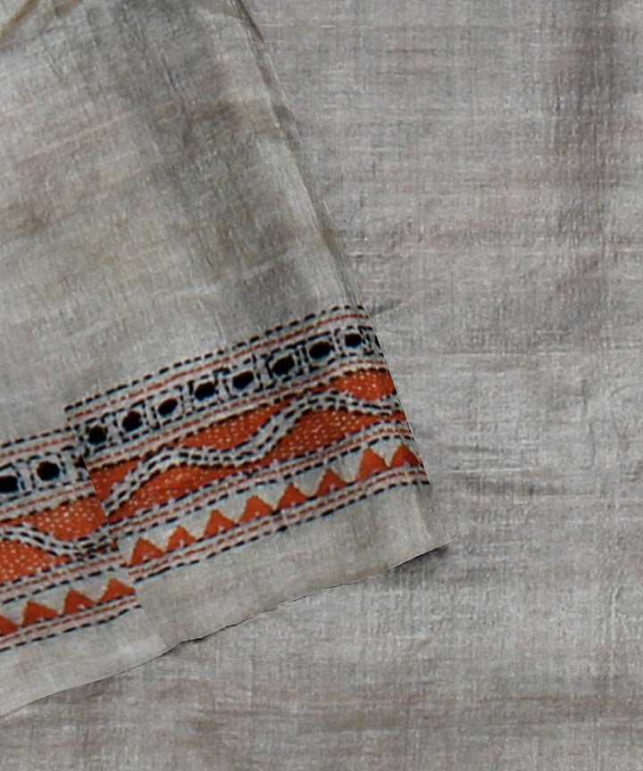 Beige multi hand embroidered kantha stitch tussar silk saree