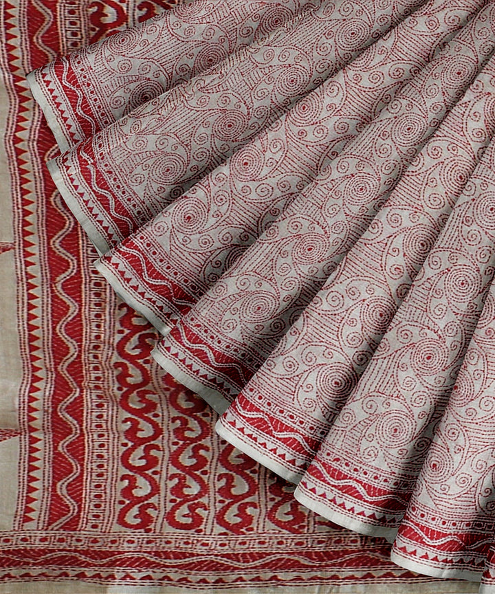 Beige red hand embroidered kantha stitch tussar silk saree