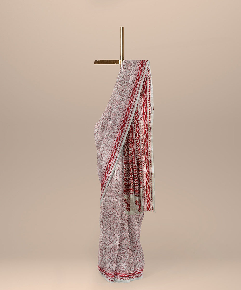 Beige red hand embroidered kantha stitch tussar silk saree