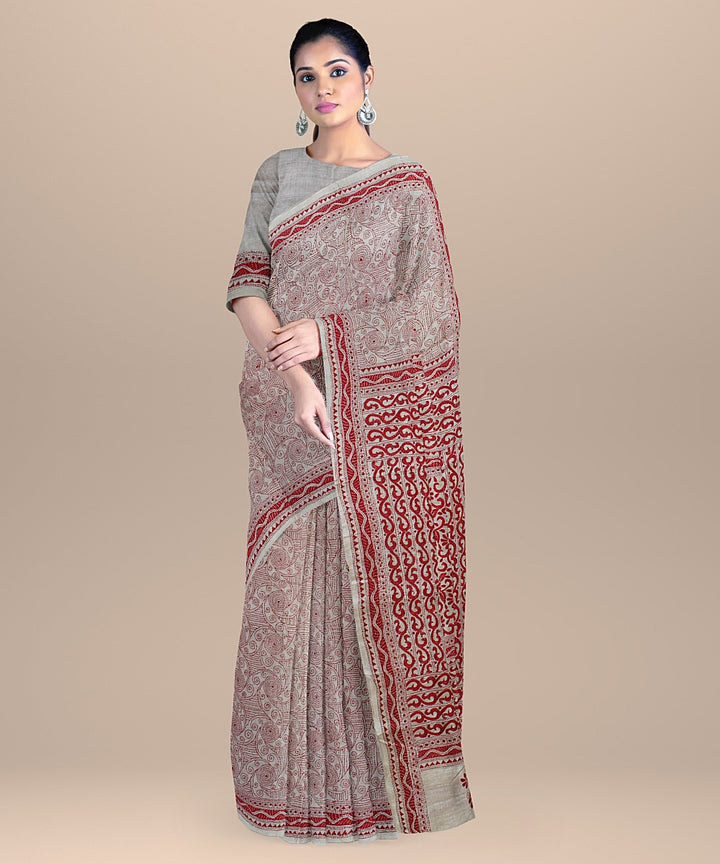 Beige red hand embroidered kantha stitch tussar silk saree