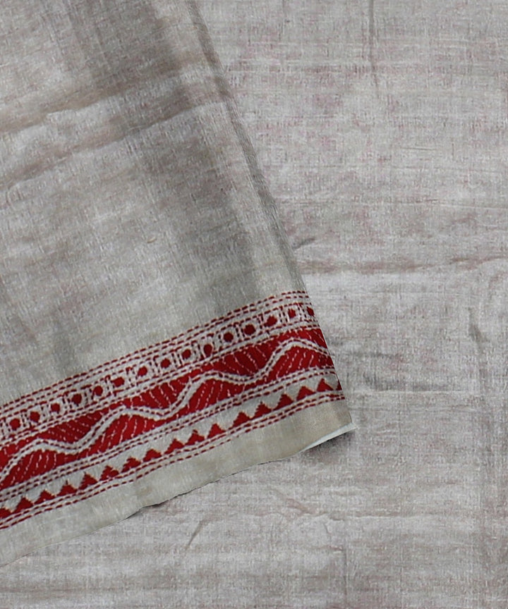 Beige red hand embroidered kantha stitch tussar silk saree