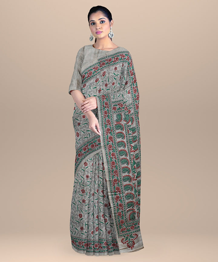 Beige multi hand embroidered tussar silk kantha stitch saree