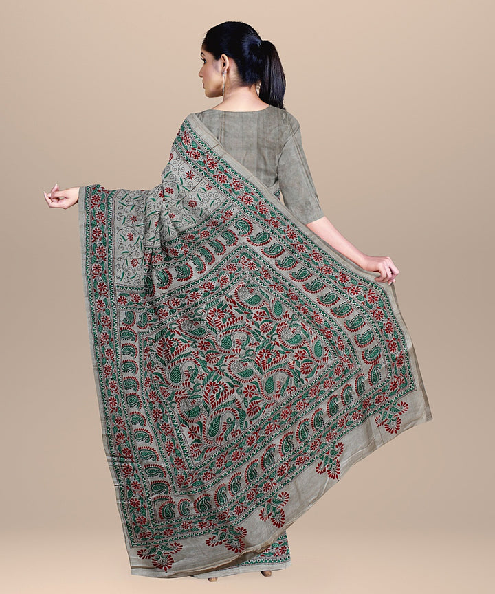 Beige multi hand embroidered tussar silk kantha stitch saree