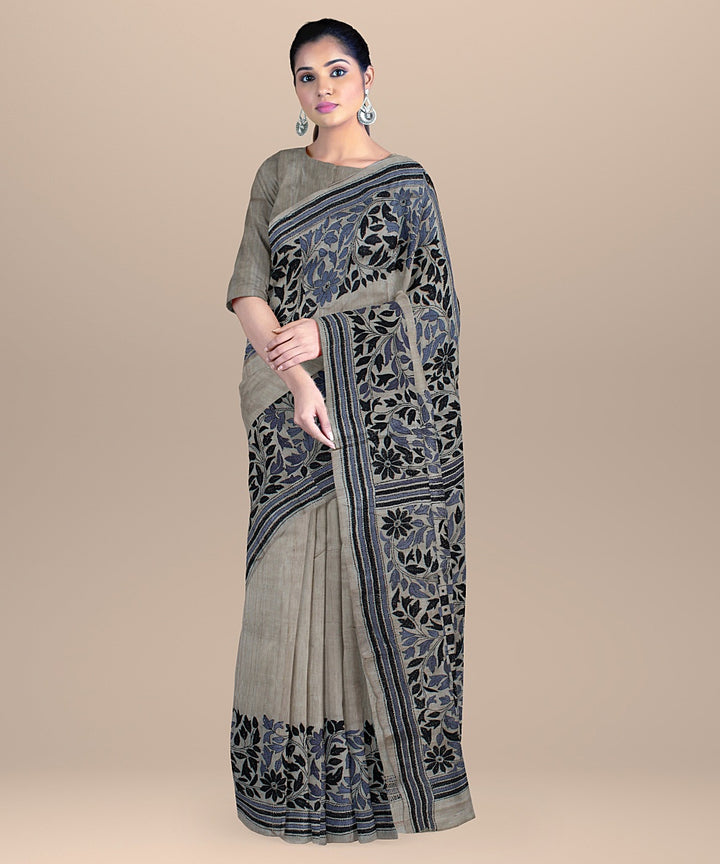 Beige multi embroidered kantha stitch tussar silk saree