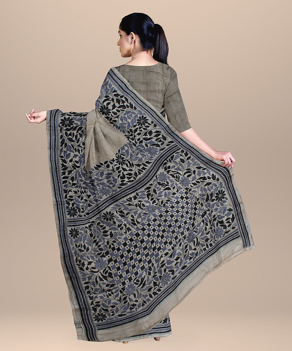 Beige multi embroidered kantha stitch tussar silk saree