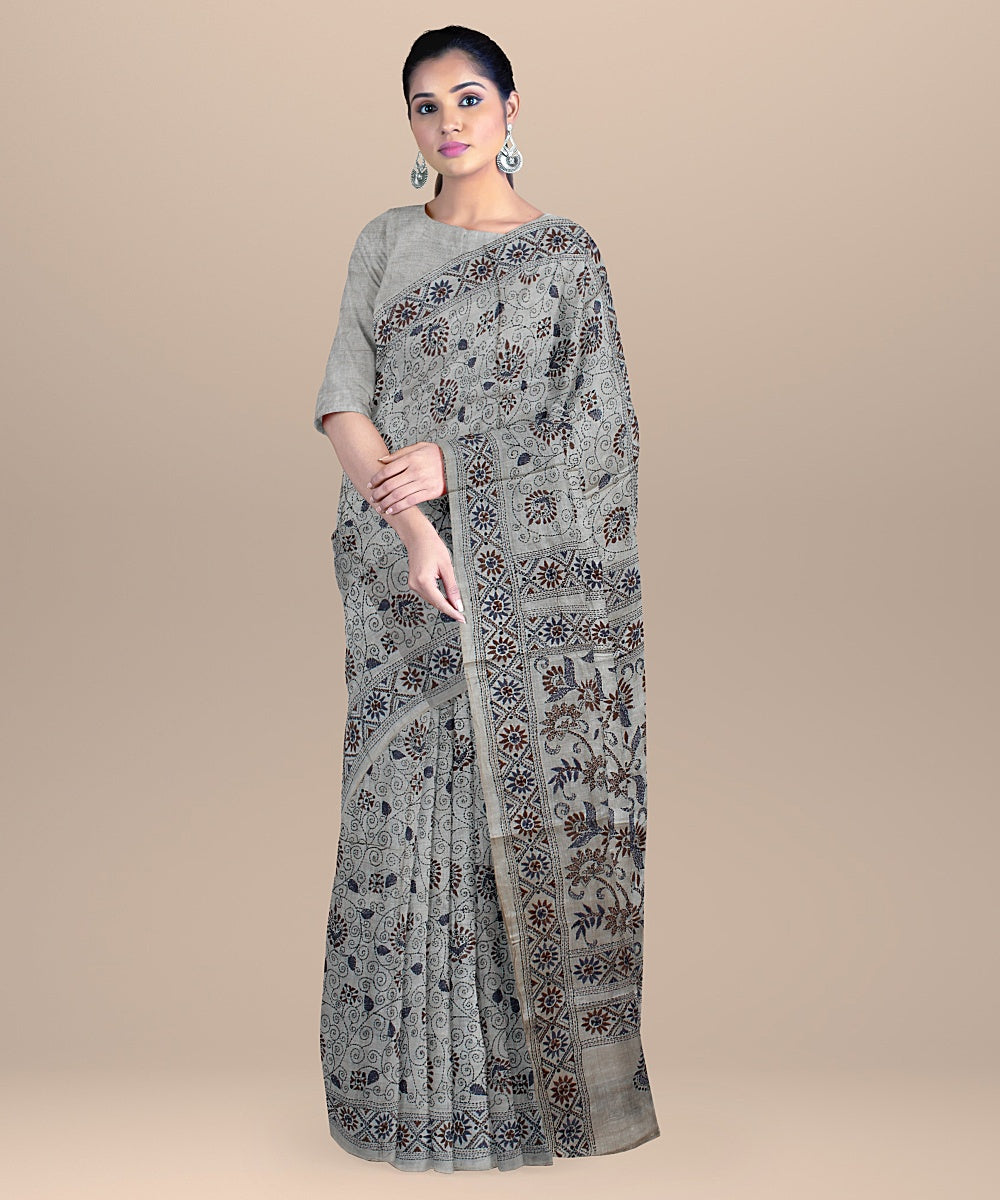 Beige multi tussar silk kantha stitch hand embroidered saree