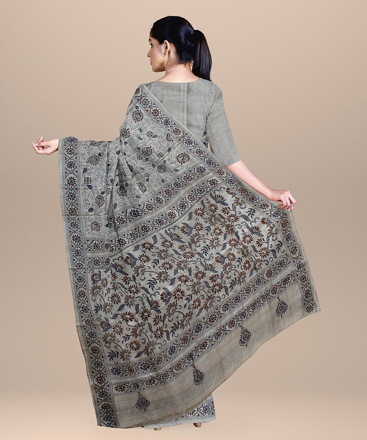 Beige multi tussar silk kantha stitch hand embroidered saree