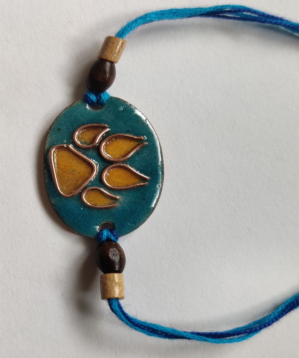 Blue yellow hand crafted copper enamelling rakhi