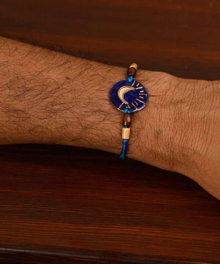 Blue yellow hand made copper enamelling rakhi