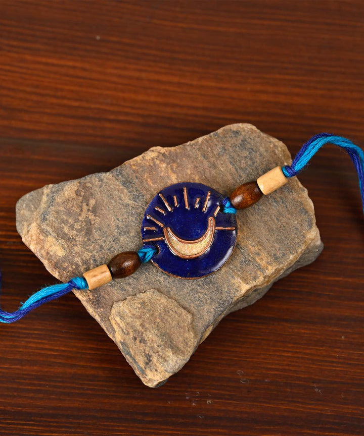 Blue yellow hand made copper enamelling rakhi