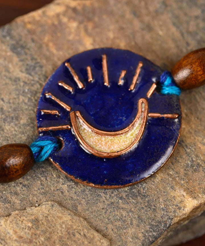 Blue yellow hand made copper enamelling rakhi
