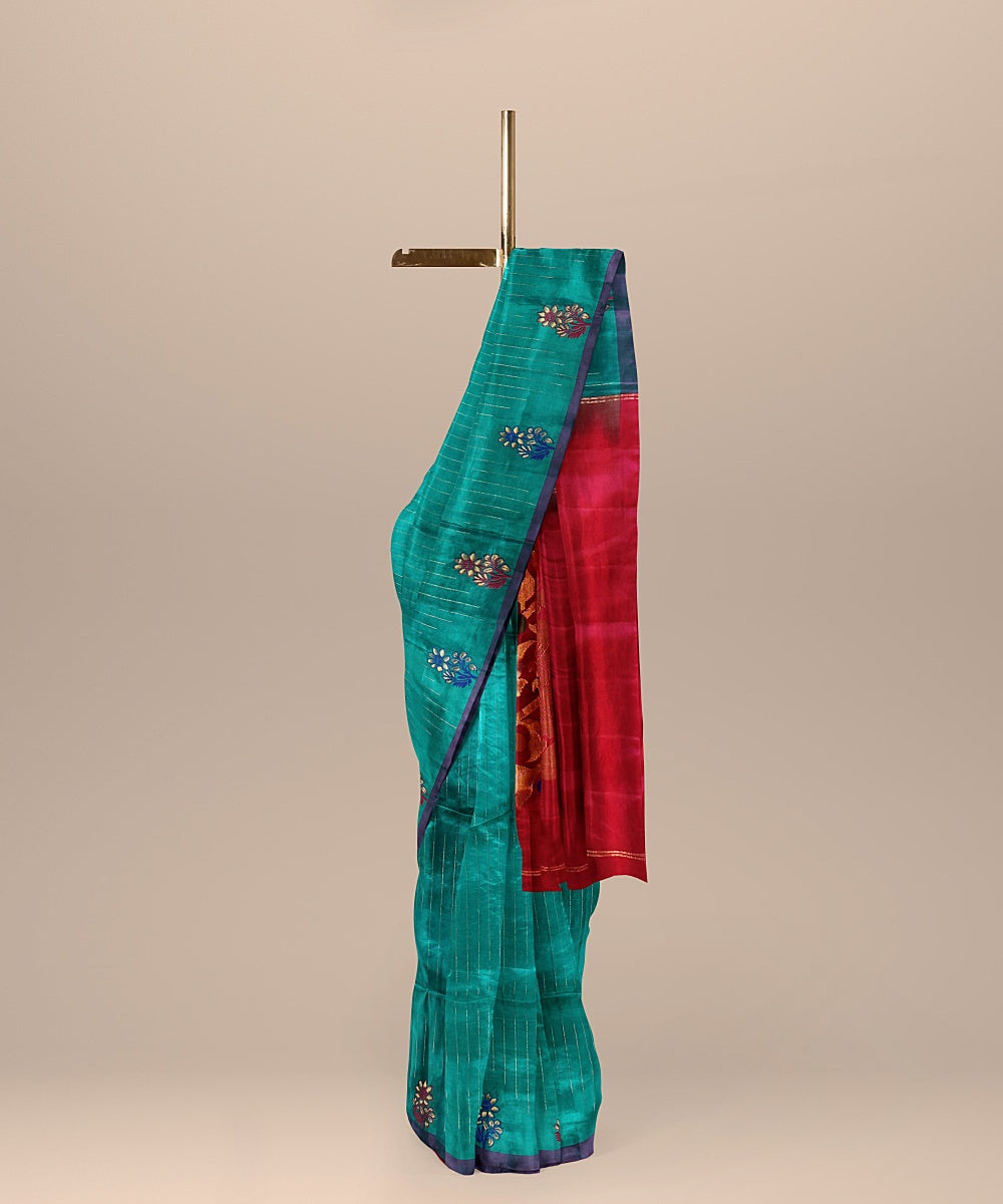 Teal green dark pink pallu silk handloom kancheepuram saree