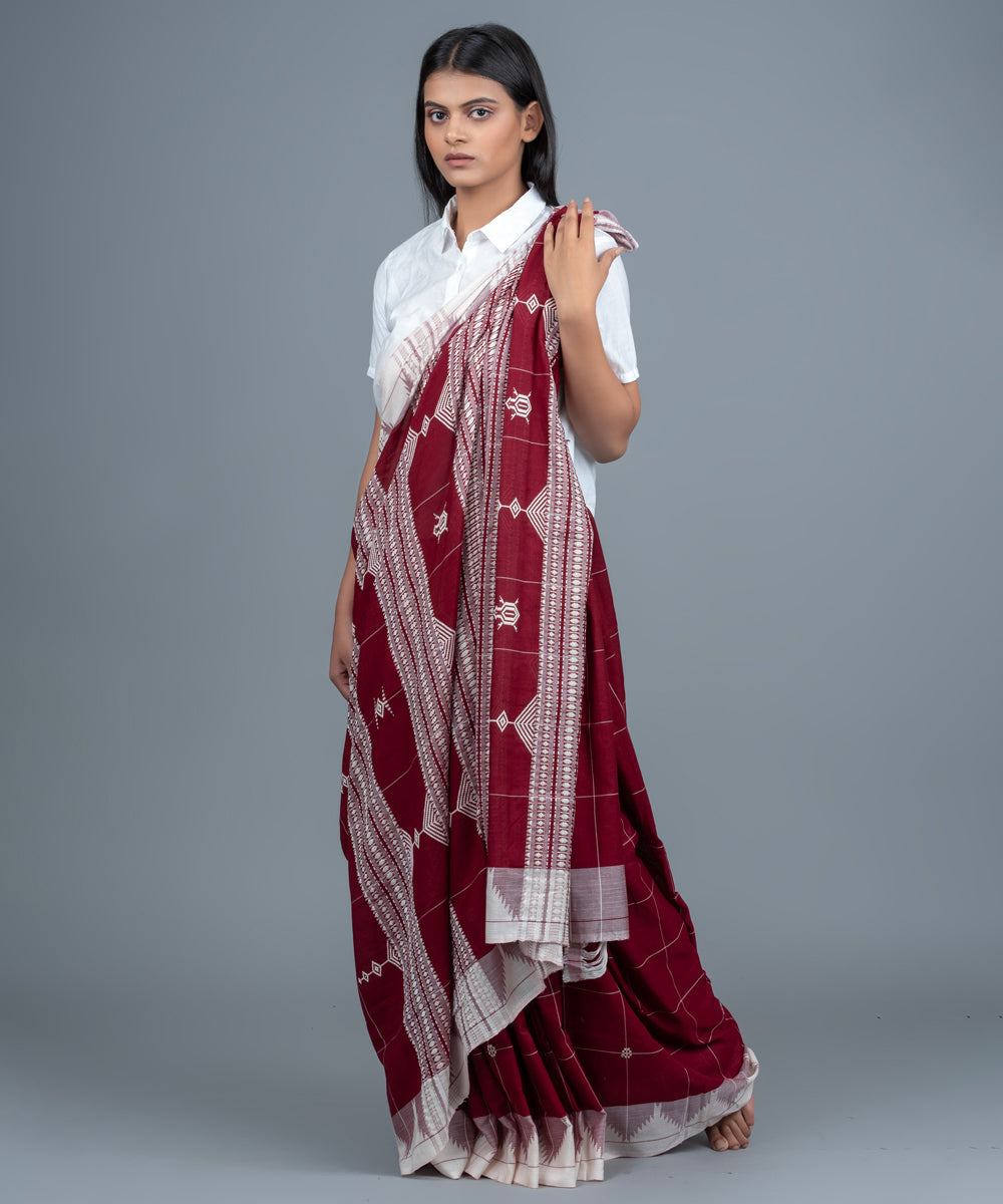 Maroon white handwoven cotton kotpad saree