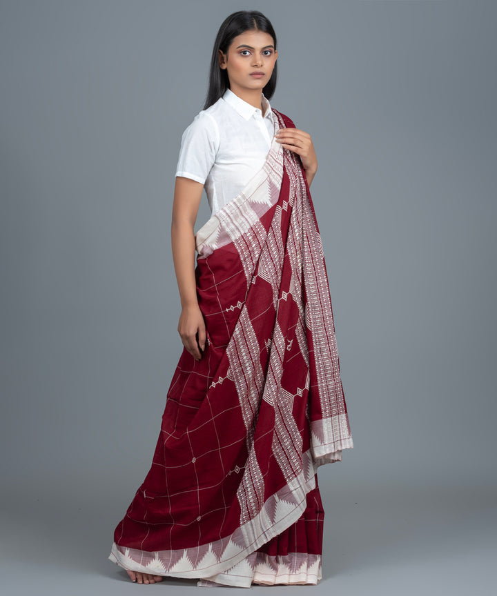 Maroon white handwoven cotton kotpad saree
