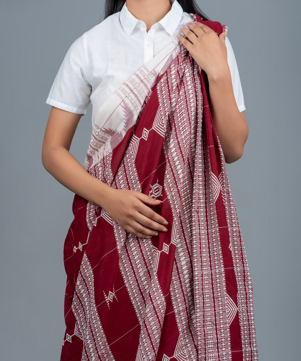 Maroon white handwoven cotton kotpad saree