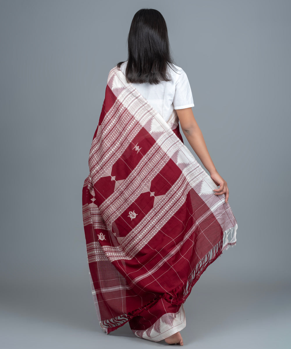 Maroon white handwoven cotton kotpad saree