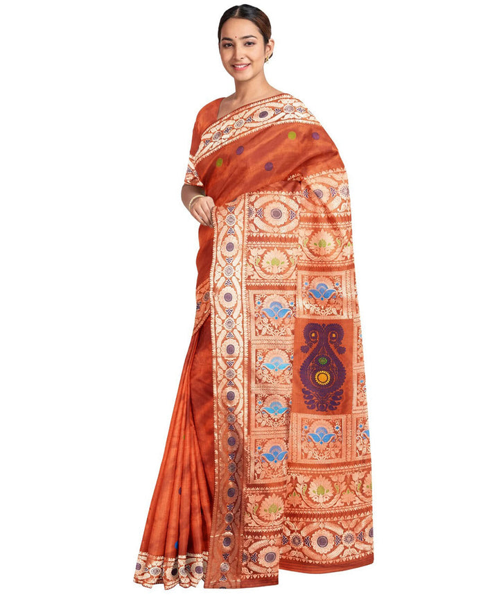 Orange yellow blue silk handwoven baluchari saree