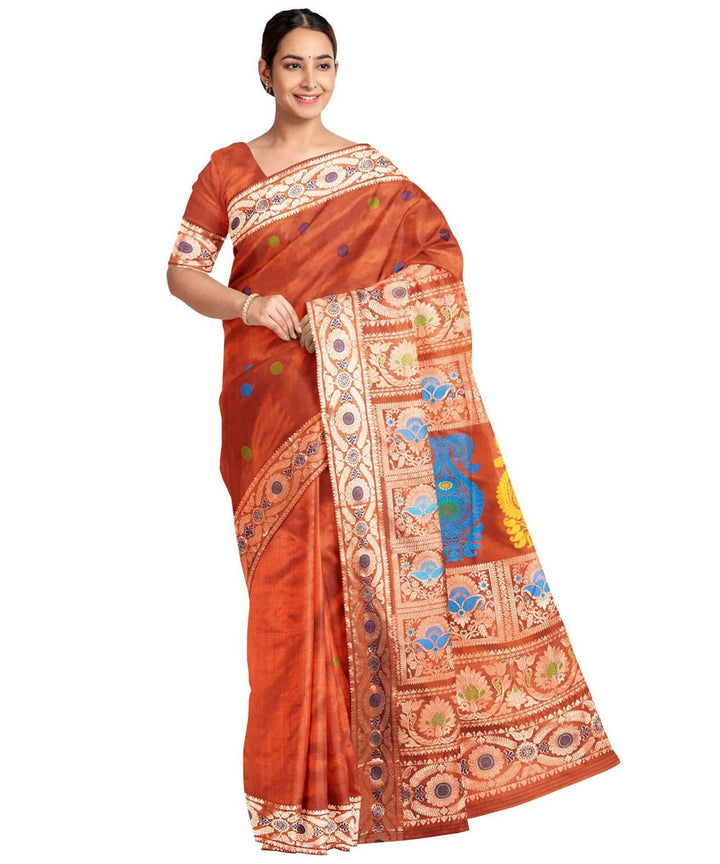 Orange yellow blue silk handwoven baluchari saree