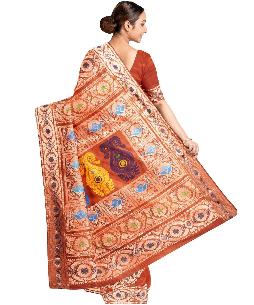 Orange yellow blue silk handwoven baluchari saree