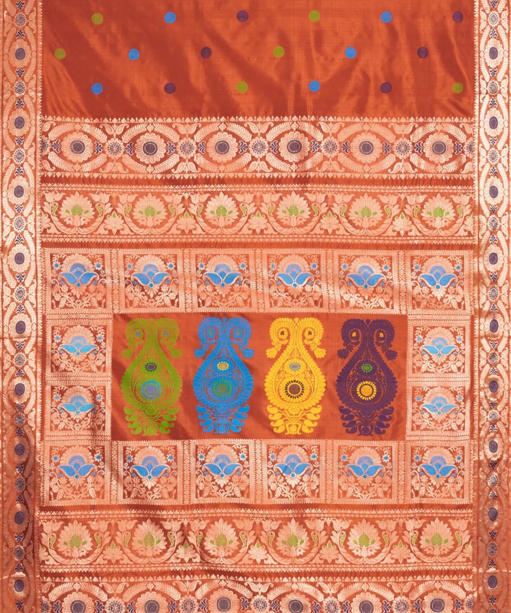 Orange yellow blue silk handwoven baluchari saree