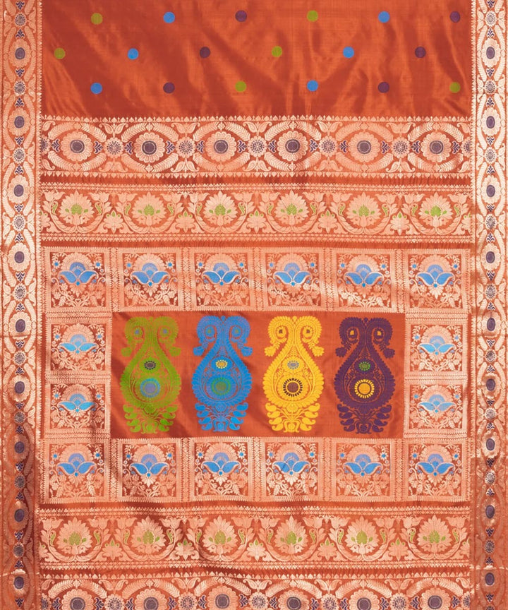 Orange yellow blue silk handwoven baluchari saree