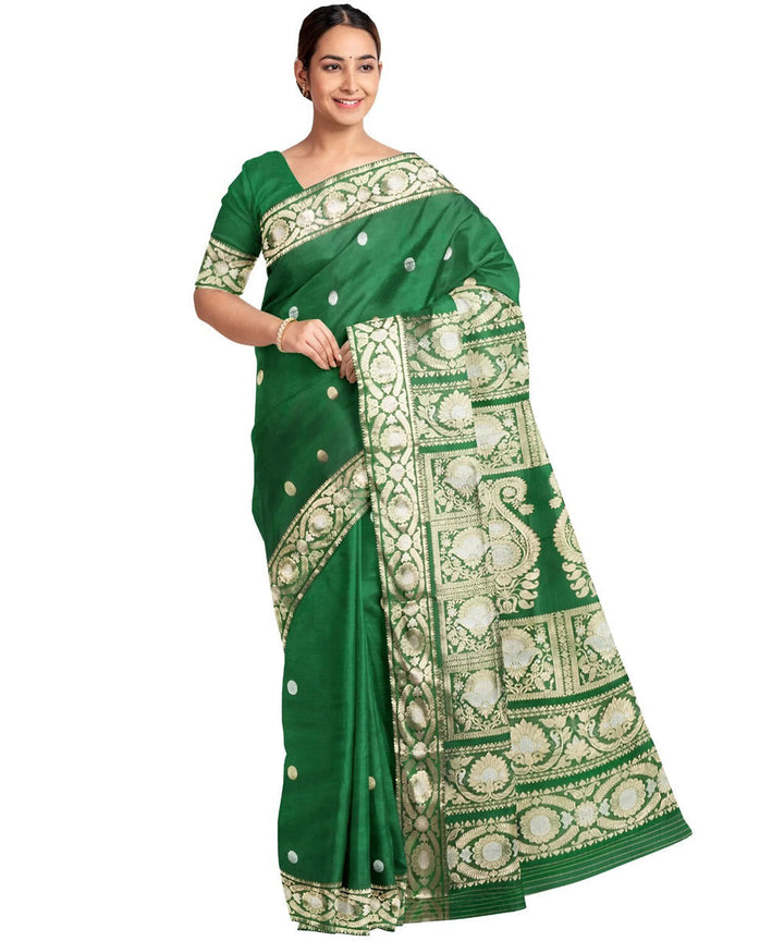 Dark green white silk handwoven baluchari saree