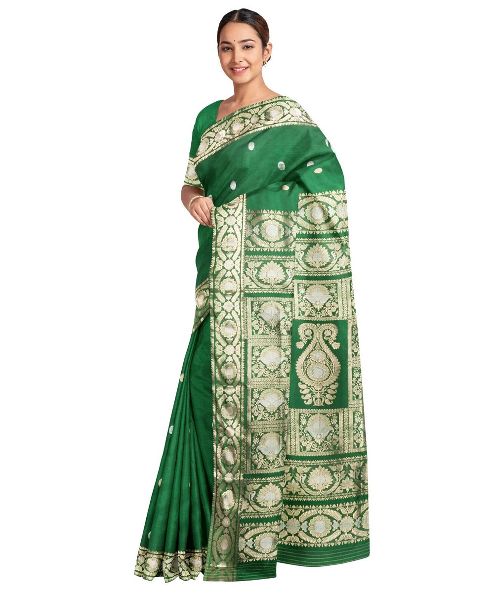Dark green white silk handwoven baluchari saree